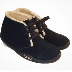 KURU Black Suede Ankle Booties with Cream Faux Fur Trim